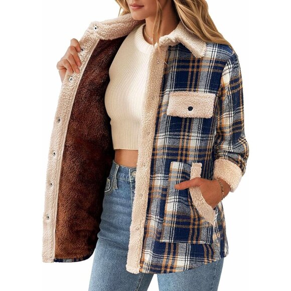 Womens Flannel Fleece Lined Shacket Cozy Warm Plaid Winter Coat S-XXL